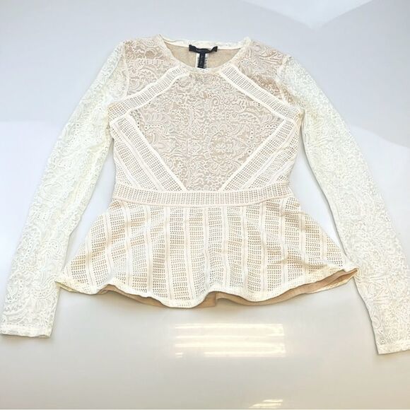BCBGMaxazria Ivory Lace Long Sleeve Peplum Pullover Shirt - Picture 3 of 16
